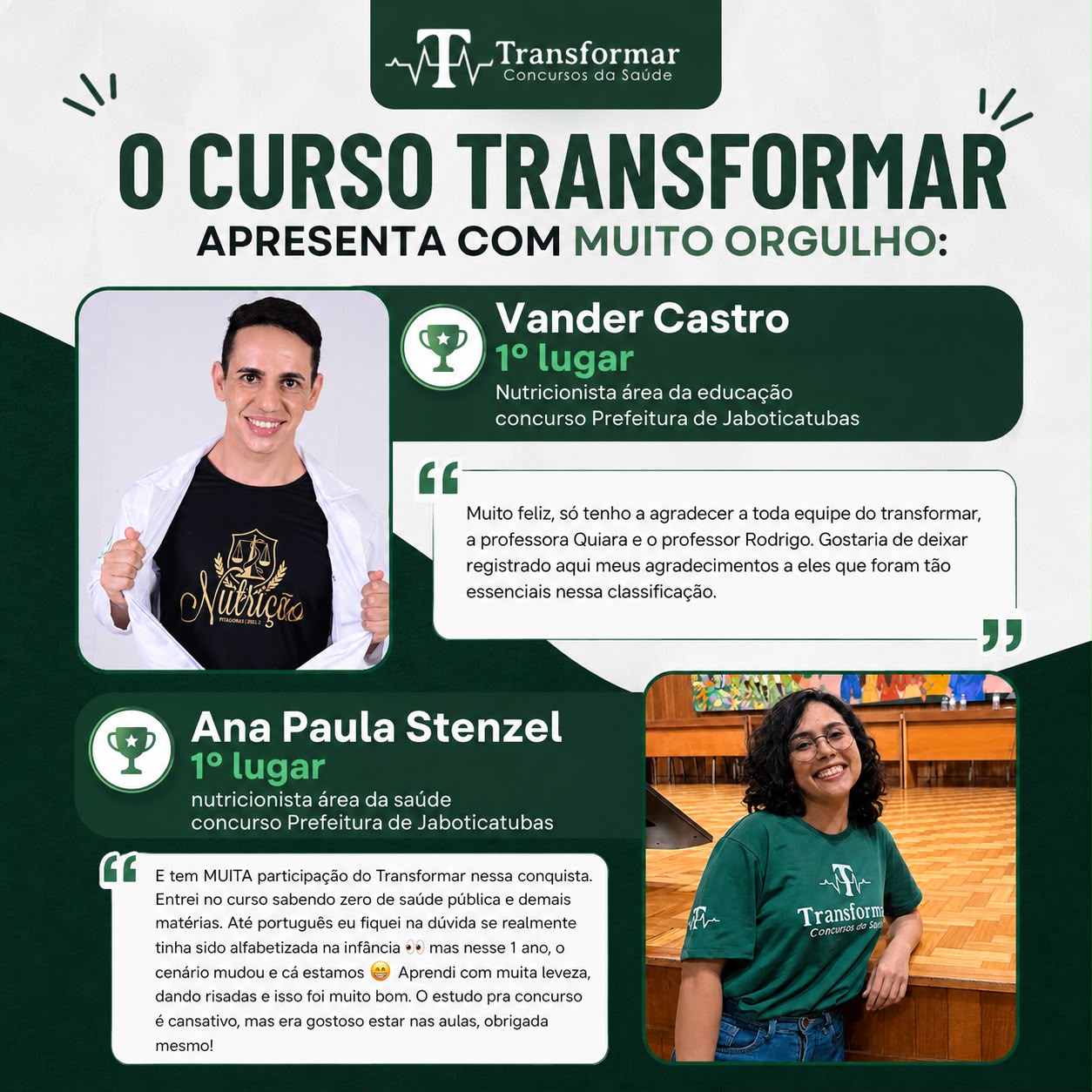 Depoimentos de Vander Castro e Ana Paula Stenzel, 1º lugar Nutricionista na Prefeitura de Jaboticatubas