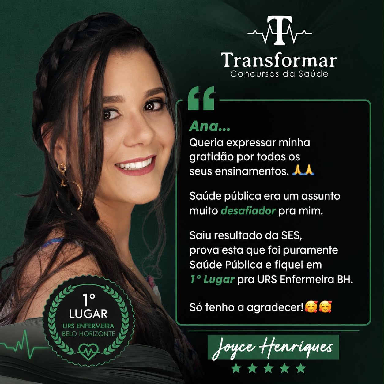 Depoimento de Joyce Henriques, 1º lugar Enfermeira na URS Belo Horizonte